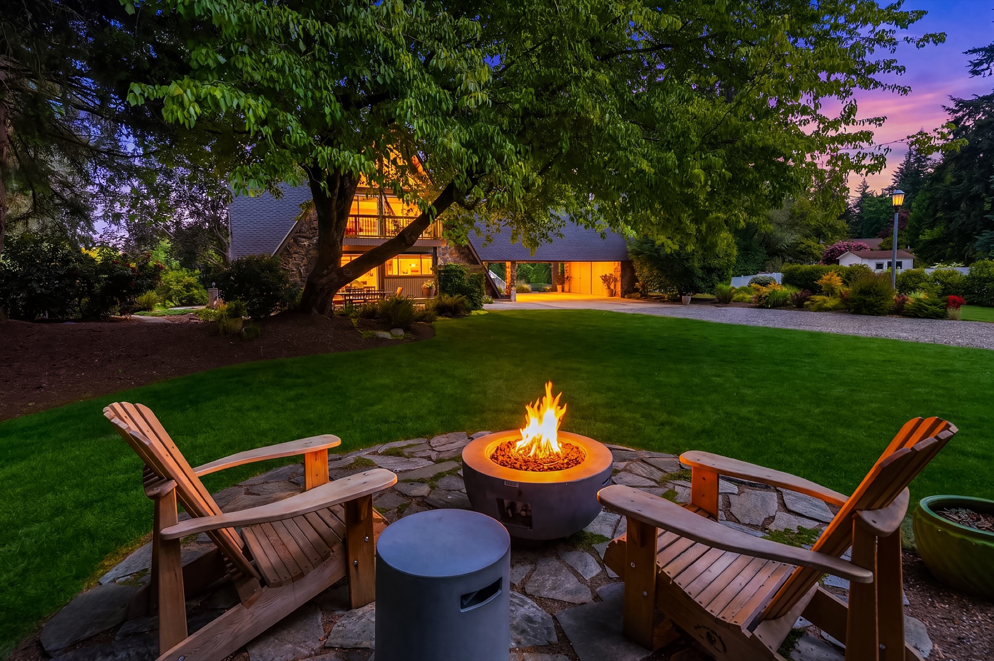 Fire pit and A-frame at twilight